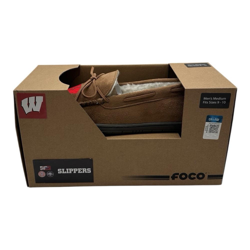 FOCO Wisconsin Badgers Moccasin Slippers Mens Medium 9-10 Slip On House Shoes